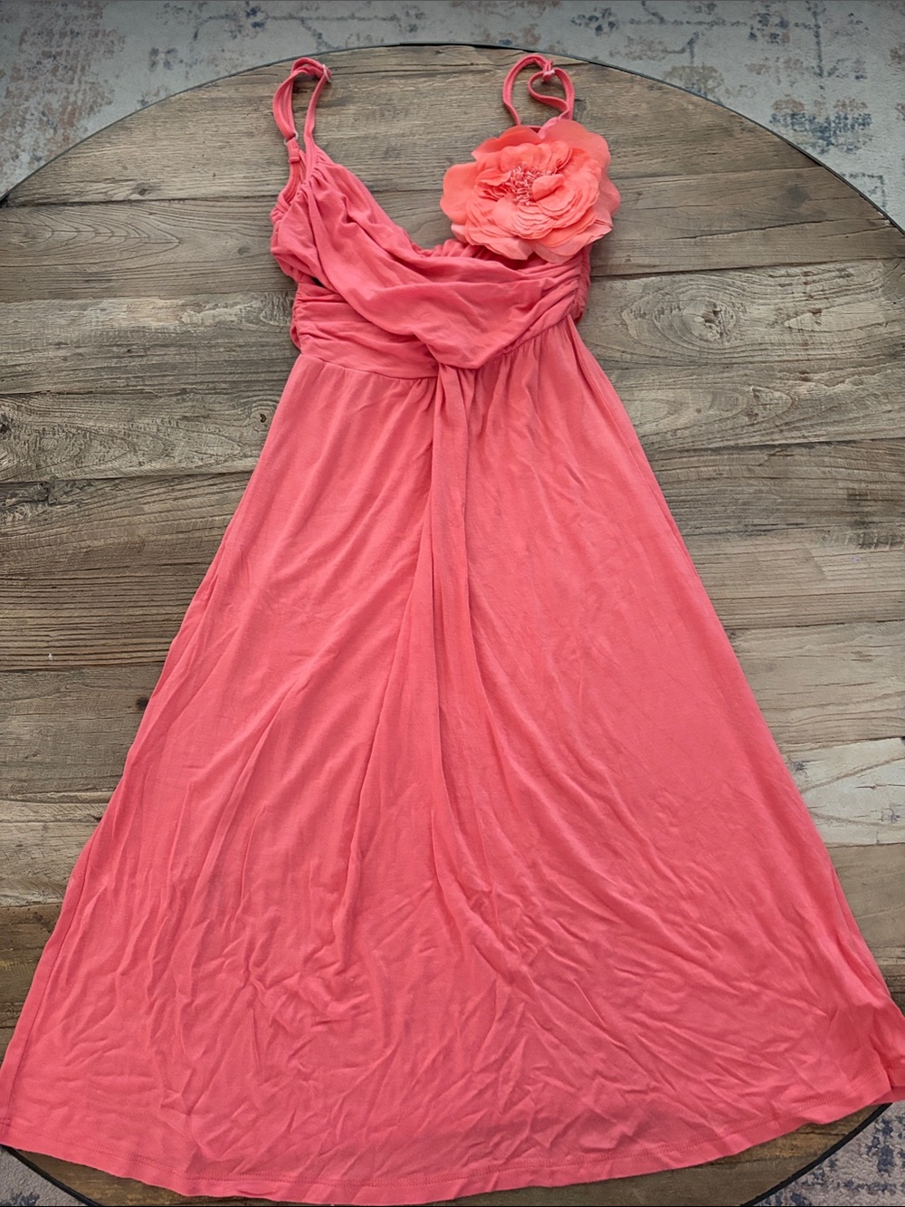 Maternal America Coral Pink Spaghetti-Strap maternity Dress with Floral Accent